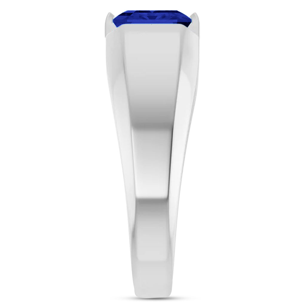 Lab Grown Emerald Cut Solitaire Men's Blue Sapphire Ring 14K White Gold (4.48ct)
