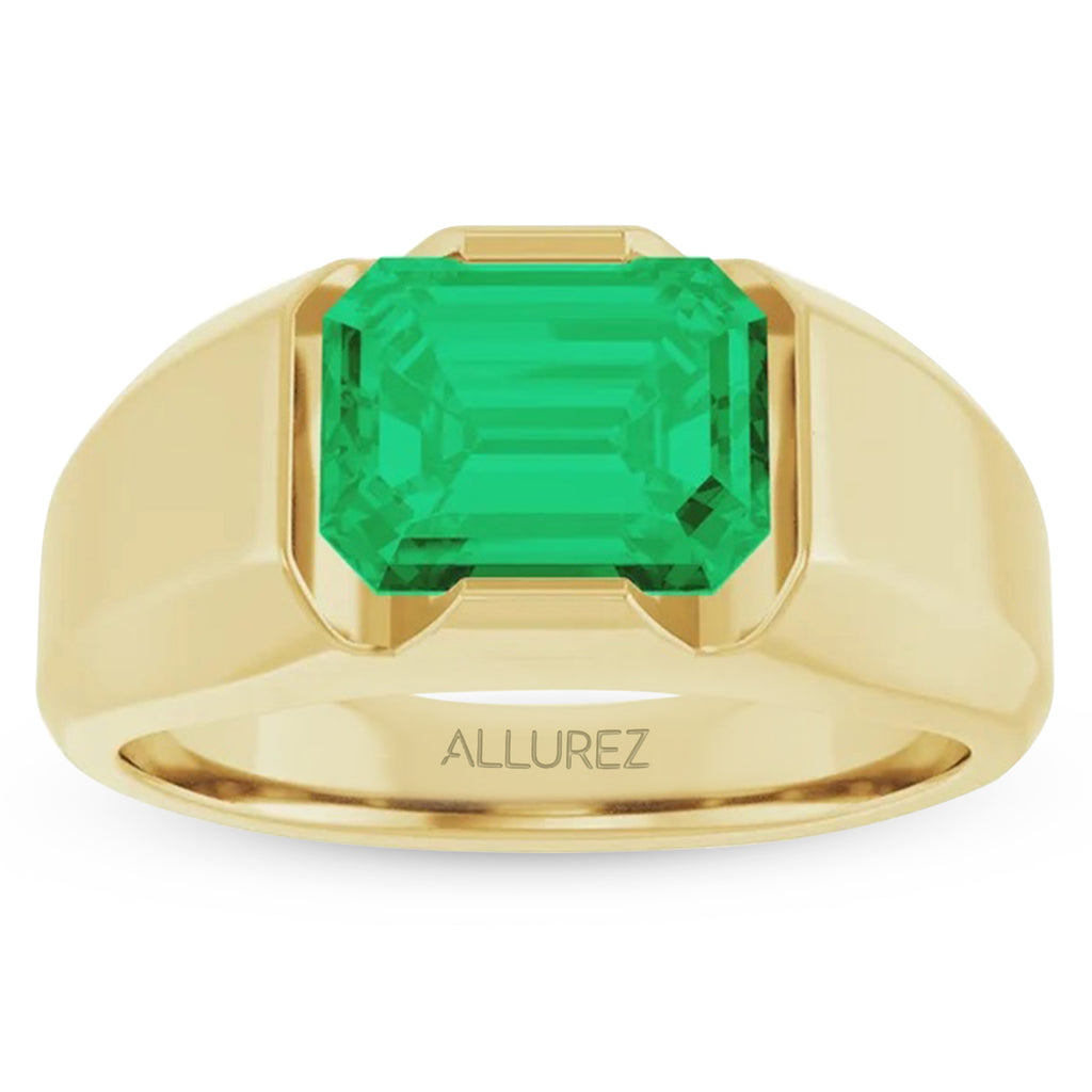 Lab Grown Emerald Cut Solitaire Men's Emerald Ring 14K Yellow Gold (3.00ct)