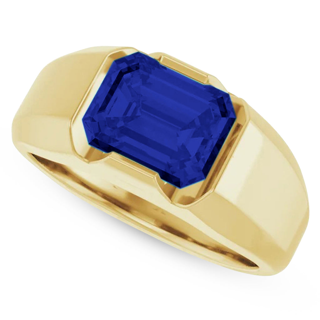 Lab Grown Emerald Cut Solitaire Men's Blue Sapphire Ring 14K Yellow Gold (4.48ct)