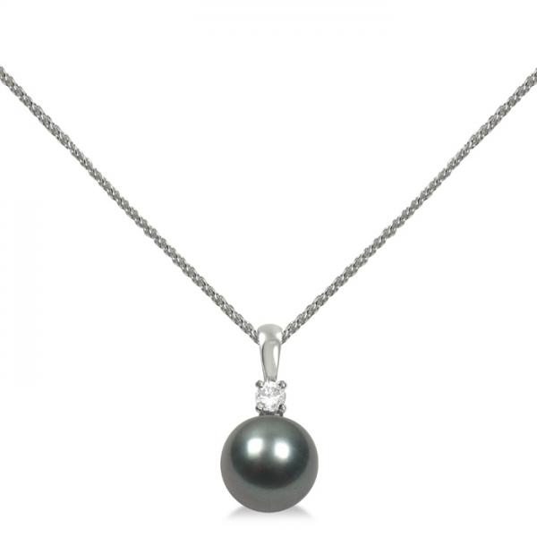Diamond & Tahitian Black Pearl Solitaire Pendant 14K White Gold 9-10mm