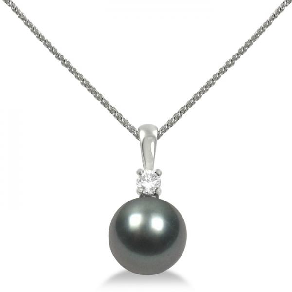 Diamond & Tahitian Black Pearl Solitaire Pendant 14K White Gold 10-11mm