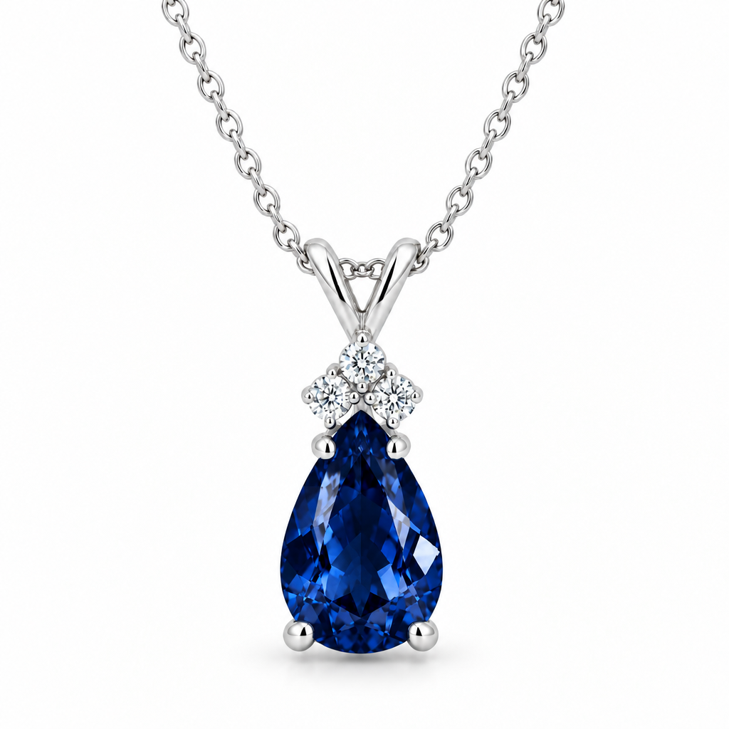 Pear Lab Blue Sapphire & Lab Diamond Solitaire Pendant 14k White Gold (2.05ct)