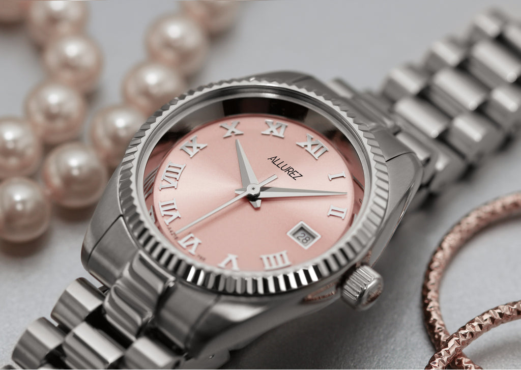 Allurez Women's Stainless Steel Bracelet Mauve Watch Roman Numerals