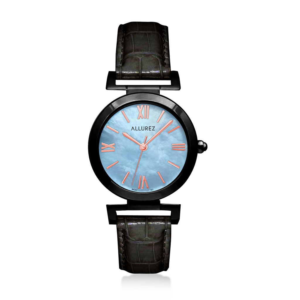 Allurez Womens Mother of Pearl Black Plated Stainless Steel Leather Strap Watch