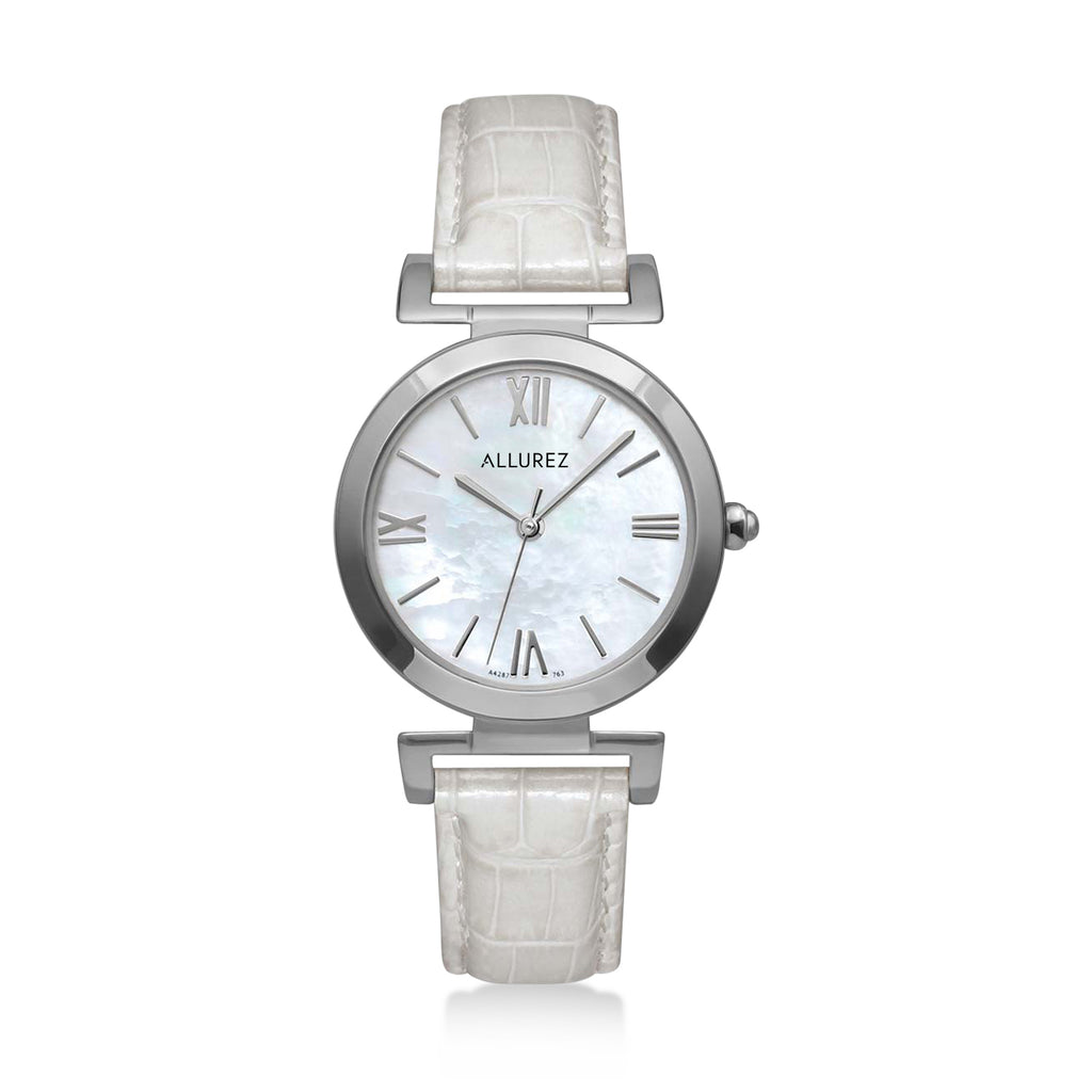 Allurez Womens Mother of Pearl Stainless Steel White Leather Strap Watch