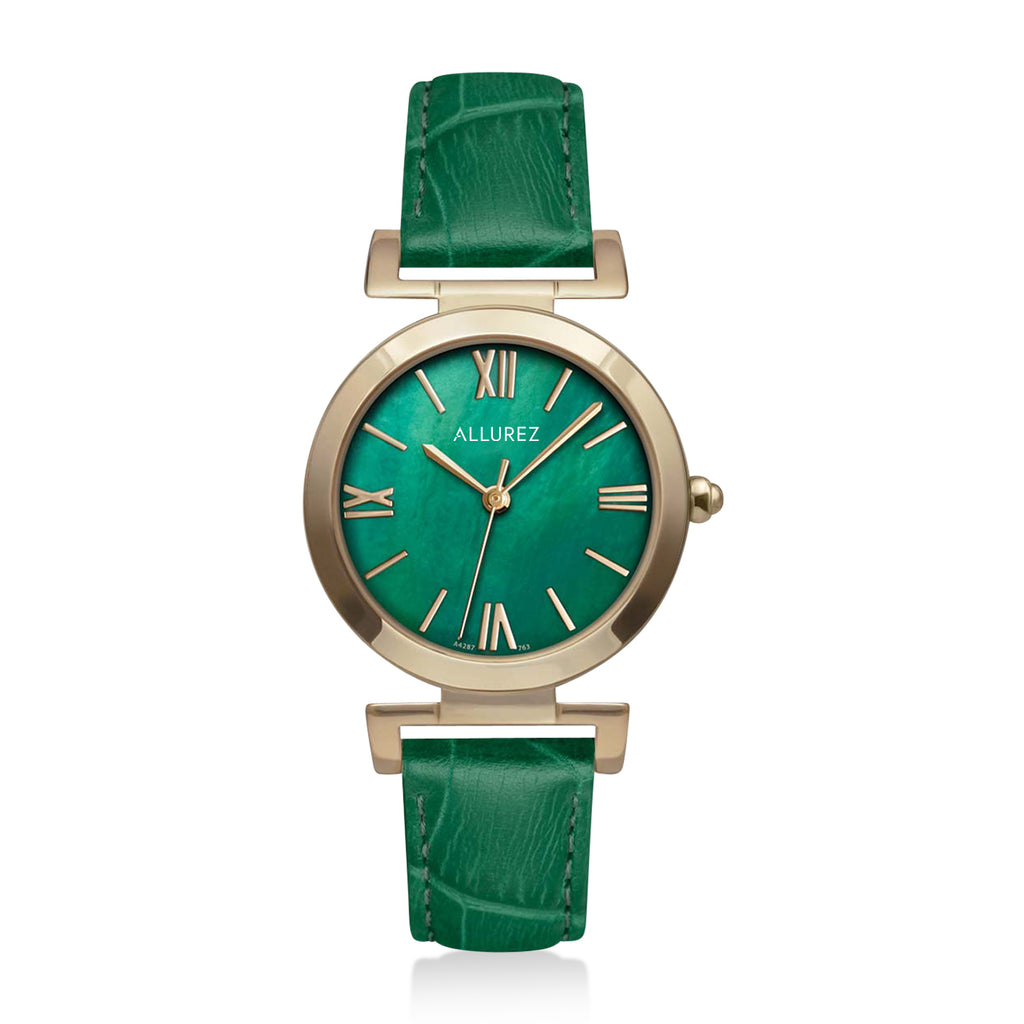 Allurez Womens Mother of Pearl Green Leather Strap Stainless Steel Watch