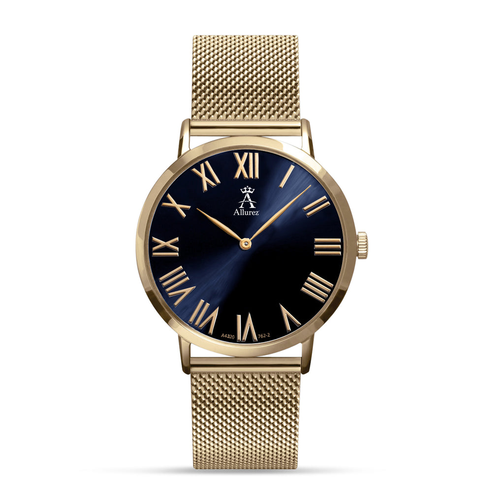 Allurez Men's Gold Stainless Steel Mesh Bracelet Watch