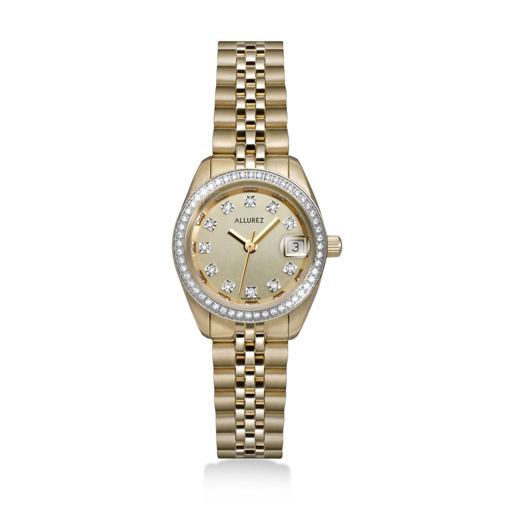 Allurez Womens Diamond Stainless Steel Gold Tone Bracelet Watch