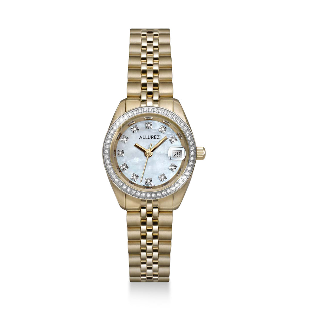 Allurez Womens Diamond & Mother of Pearl Stainless Steel Gold Bracelet Watch