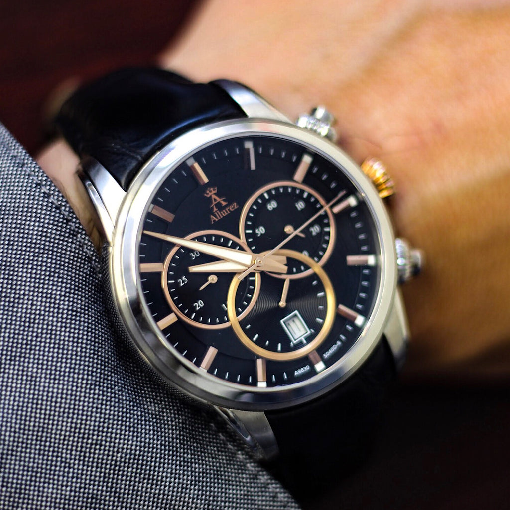 Allurez Men's Swiss Chronograph Black Dial Luminous Leather Watch