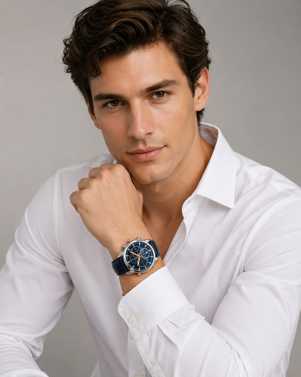 Allurez Men's Swiss Chronograph Blue Dial Luminous Leather Watch