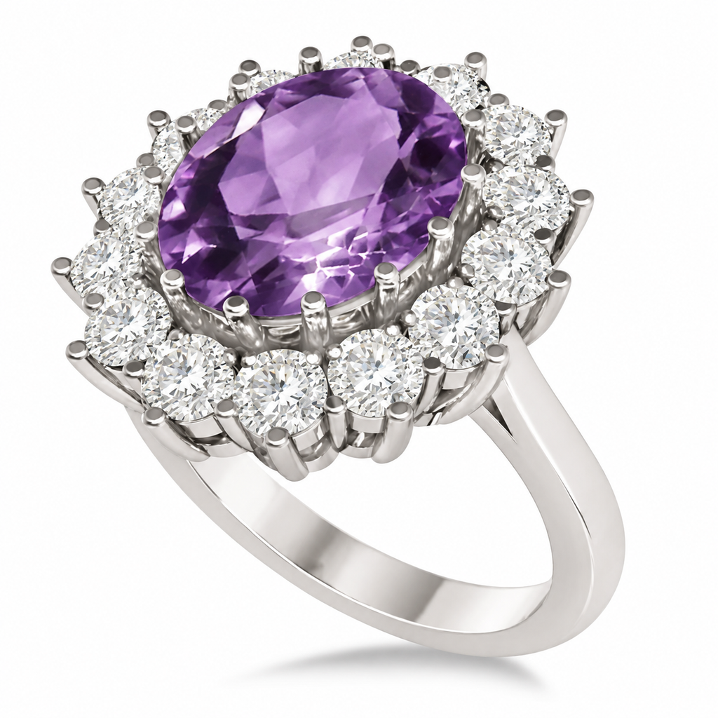 Natural 11x9mm oval amethyst and fourteen-diamond halo ring in 14k white gold, 5.40ctw, main view