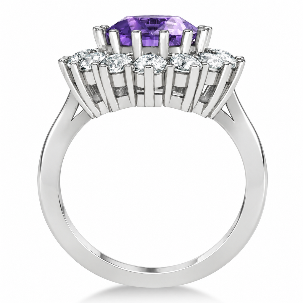 Natural 11x9mm oval amethyst and fourteen-diamond halo ring in 14k white gold, 5.40ctw, true side profile