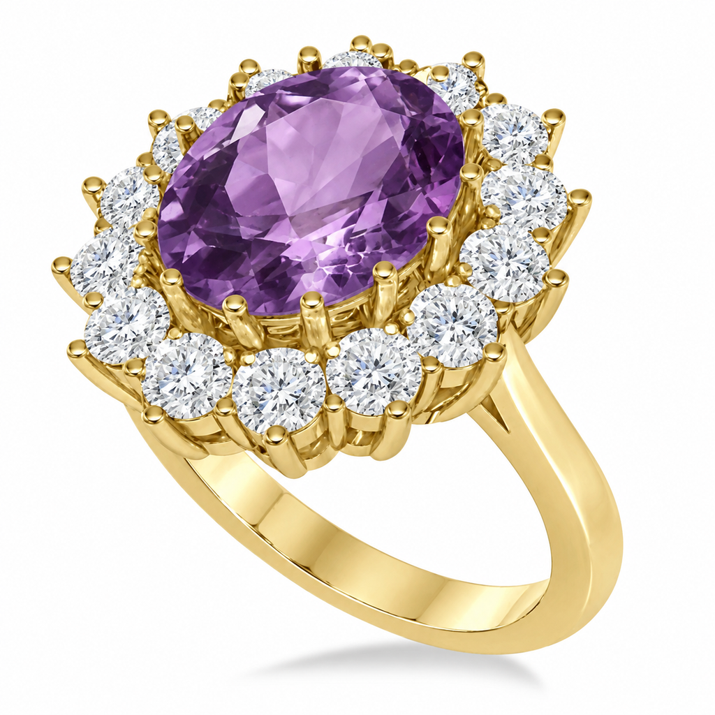 Natural 11x9mm oval amethyst and fourteen-diamond halo ring in 14k yellow gold, 5.40ctw, main view