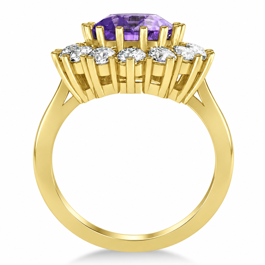 Natural 11x9mm oval amethyst and fourteen-diamond halo ring in 14k yellow gold, 5.40ctw, true side profile