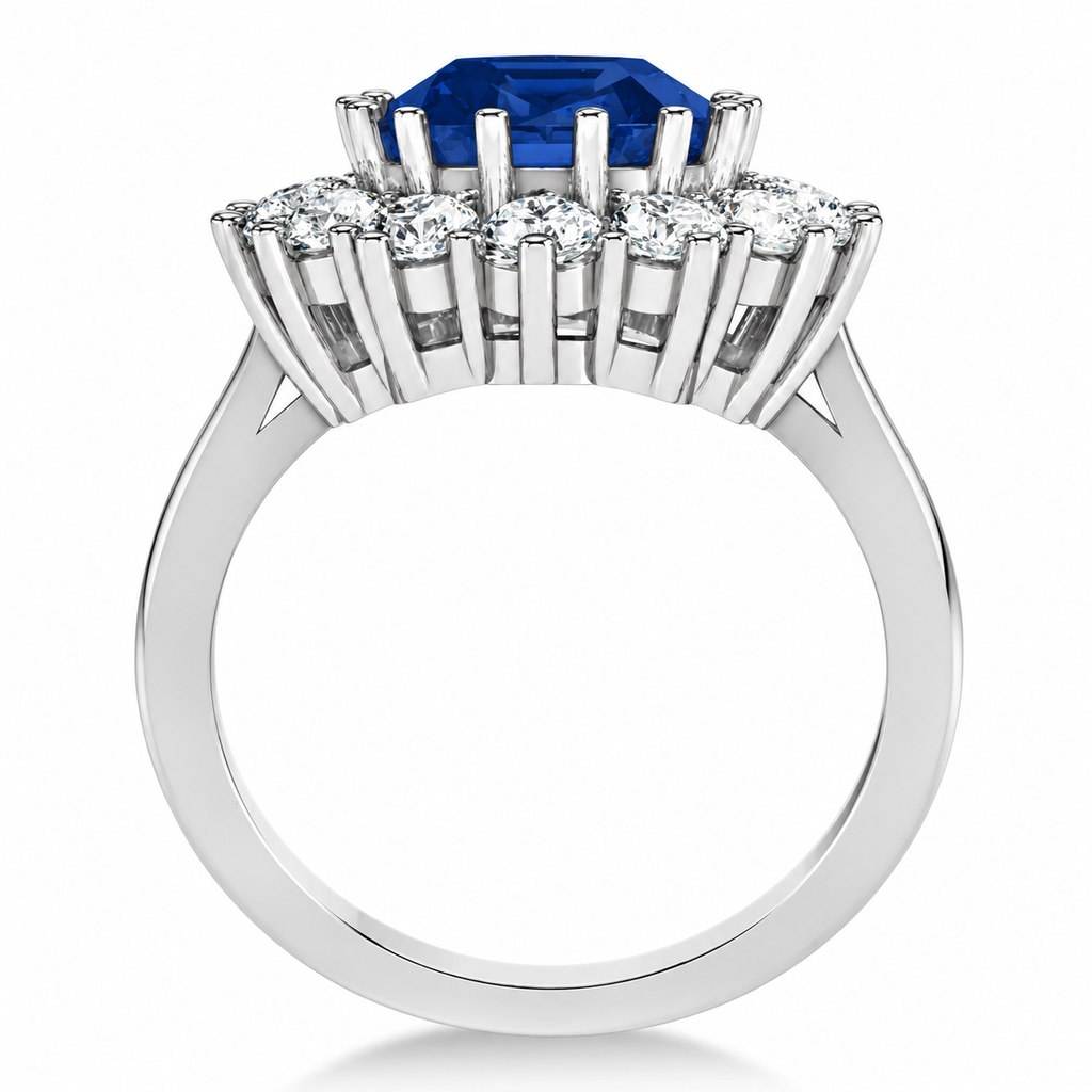 Natural 11x9mm oval blue sapphire with fourteen white halo diamonds in 14k white gold, single solid shank, true side profile