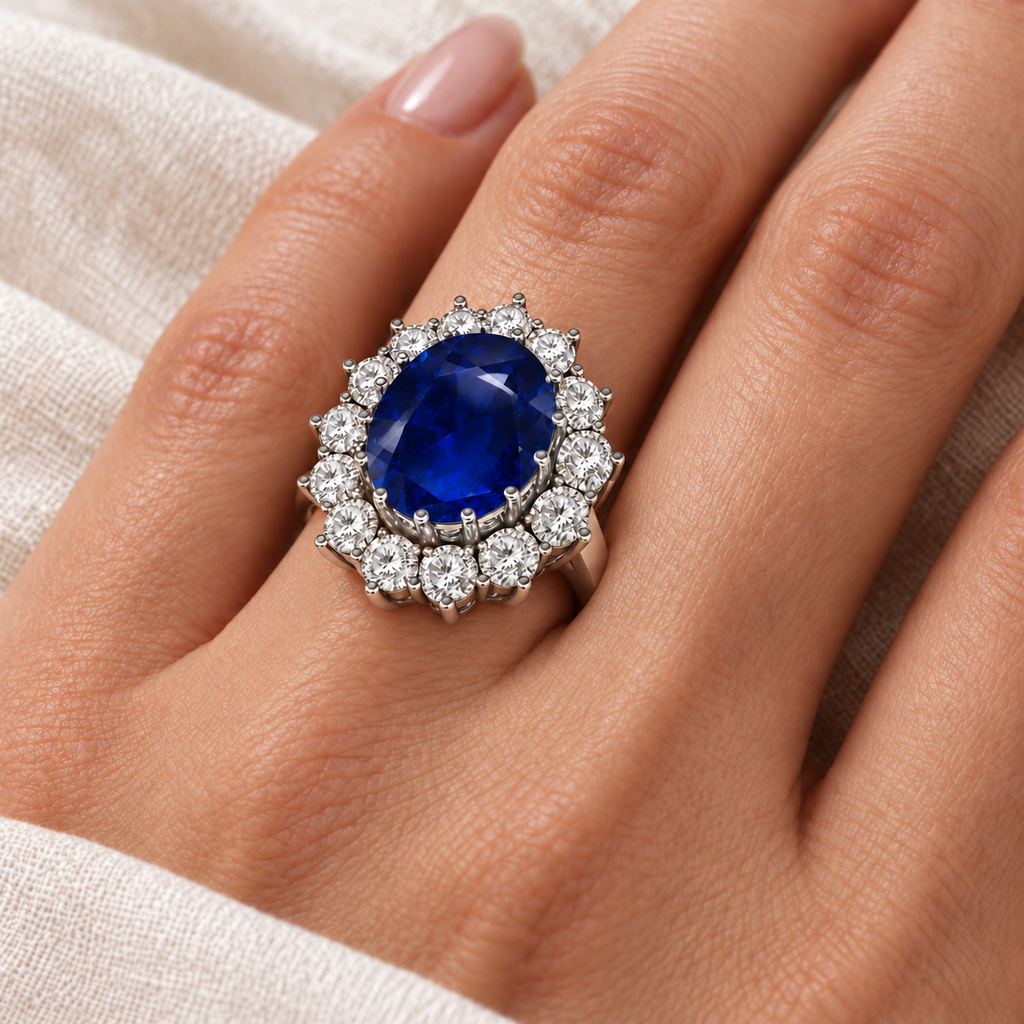 12x10mm oval natural blue sapphire and fourteen white halo diamonds in 14k white gold, ivory-linen closeup on the left ring finger