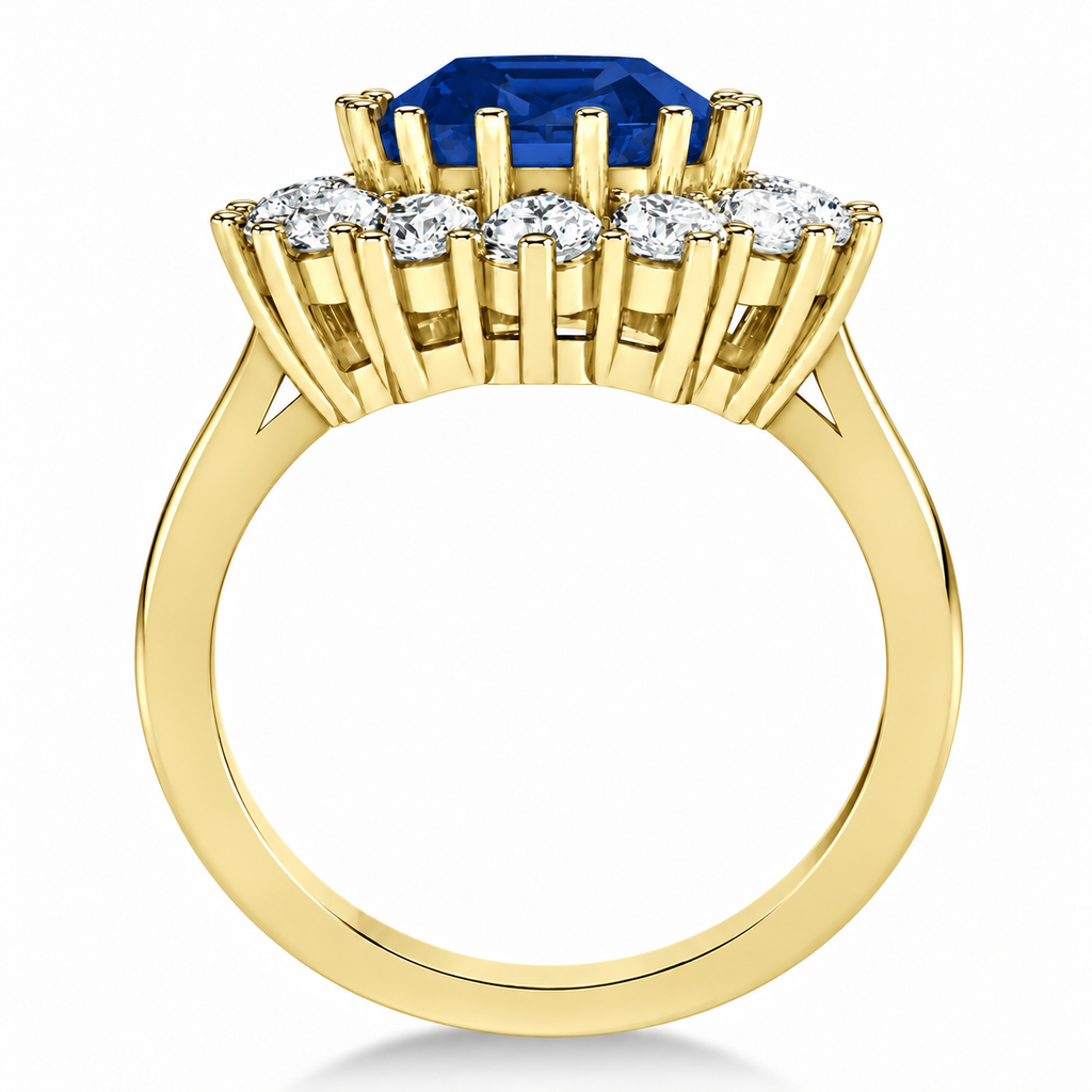 Natural oval blue sapphire and fourteen-diamond halo ring in 18k yellow gold, 5.40ctw, true side profile