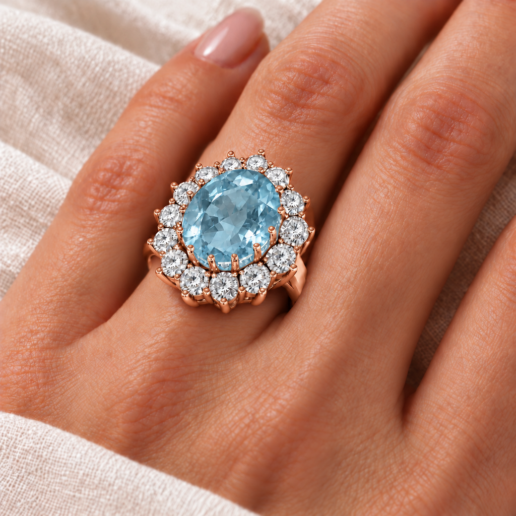 AD4840 natural 12x10mm oval aquamarine and fourteen diamond halo ring in 14k rose gold, ivory-linen closeup with the ring aligned at the base of the left ring finger