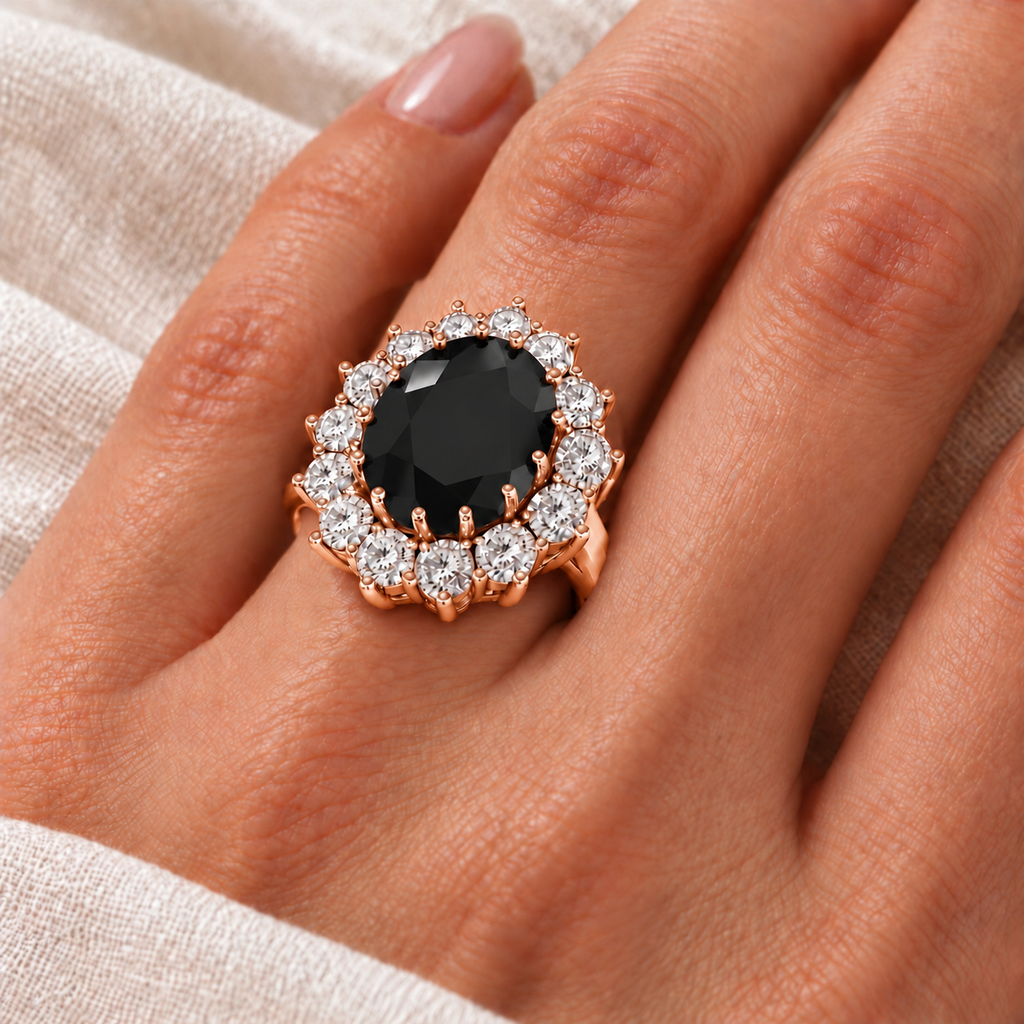 AD4843 natural 12x10mm oval black diamond and fourteen diamond halo ring in 14k rose gold, ivory-linen closeup with the ring aligned at the base of the left ring finger