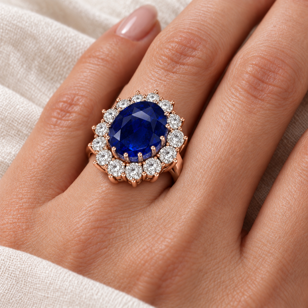 12x10mm oval natural blue sapphire and fourteen white halo diamonds in 14k rose gold, ivory-linen closeup on the left ring finger