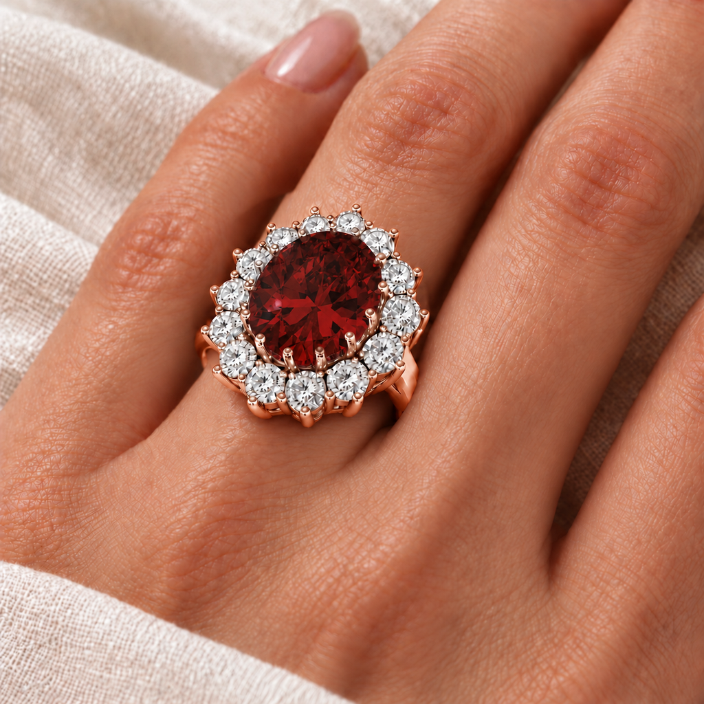 AD4853 natural 12x10mm oval garnet and fourteen diamond halo ring in 14k rose gold, ivory-linen closeup with the ring aligned at the base of the left ring finger