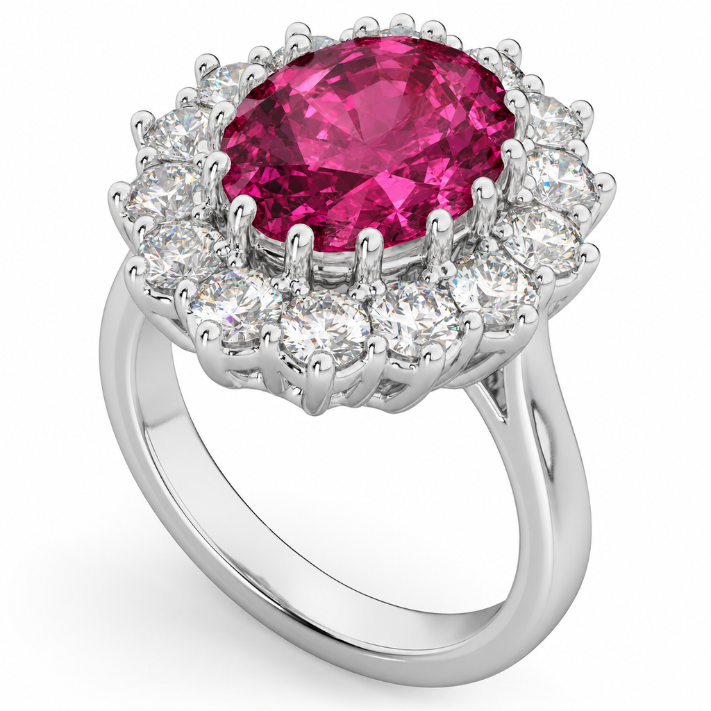 12x10mm oval pink tourmaline and fourteen white diamond halo Lady Di ring in 14k white gold, original oblique product angle showing the single solid shank and basket