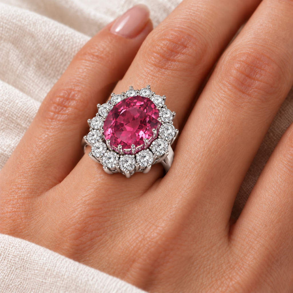 AD4859 natural 12x10mm oval pink tourmaline and fourteen diamond halo ring in 14k white gold, ivory-linen closeup with the ring aligned at the base of the left ring finger
