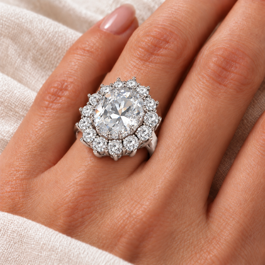AD4867 genuine 12x10mm oval moissanite and fourteen diamond halo ring in 14k white gold, ivory-linen closeup with the ring aligned at the base of the left ring finger