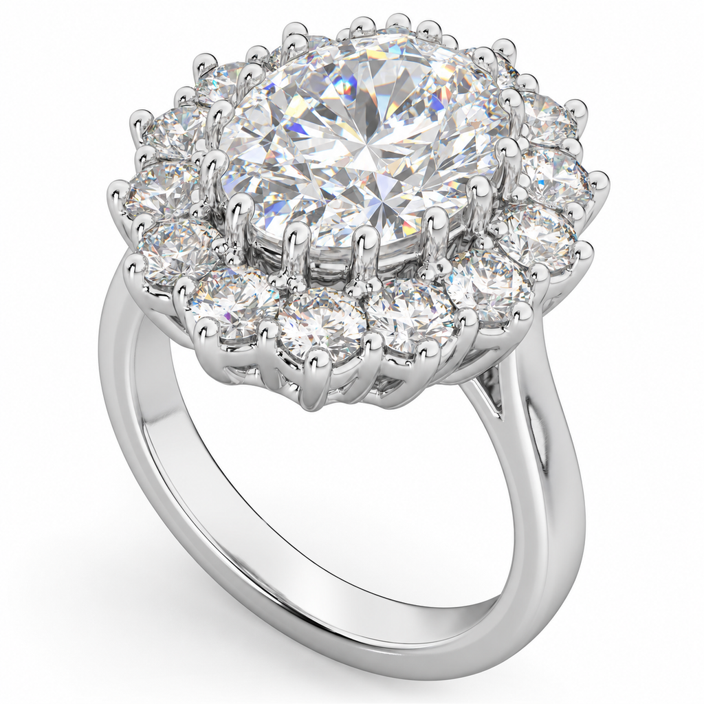 12x10mm oval moissanite and fourteen white diamond halo Lady Di ring in 14k white gold, original oblique product angle showing the single solid shank and basket