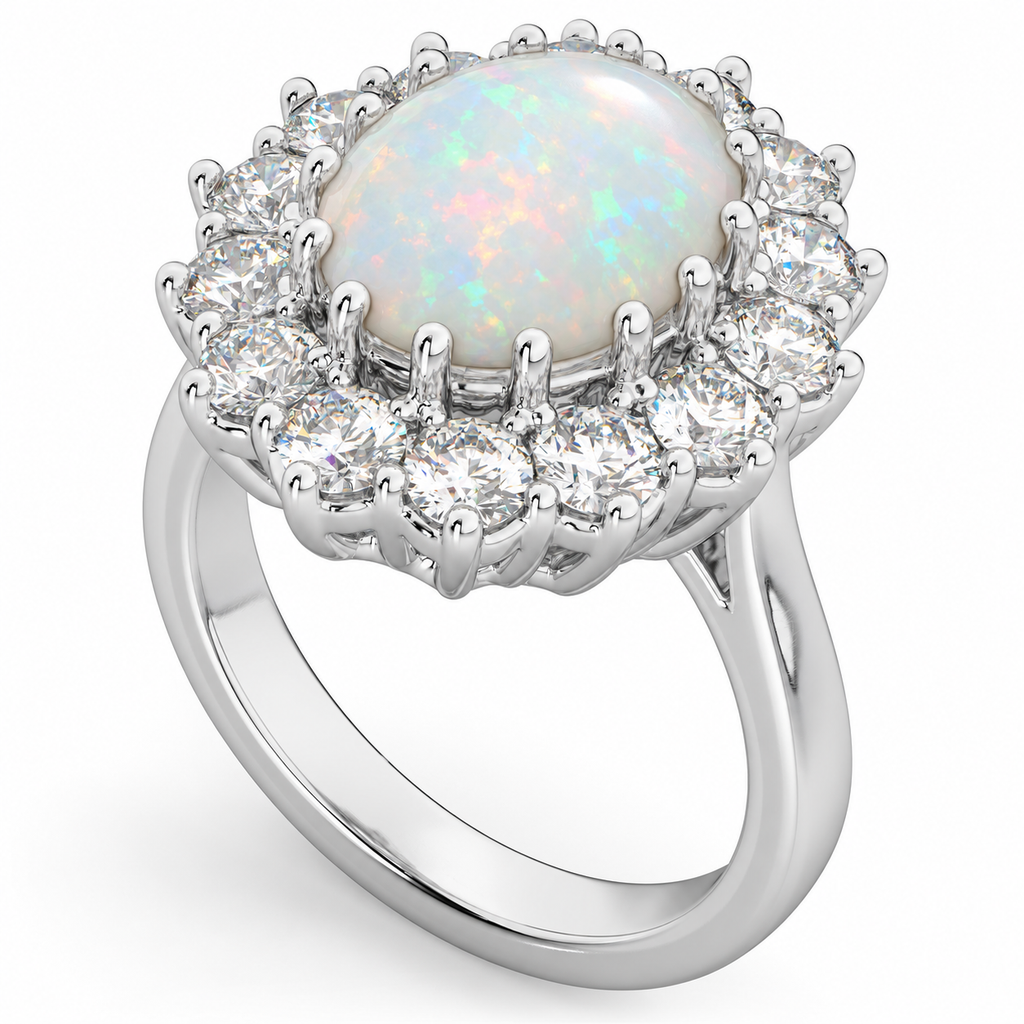 Natural 12x10mm oval white opal cabochon and fourteen white diamond halo Lady Di ring in 14k white gold, original oblique product angle showing the single solid shank and basket