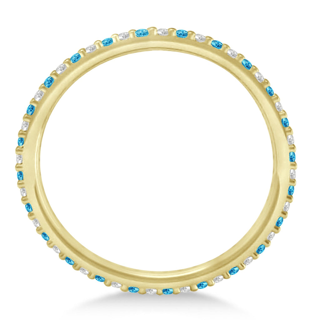 Blue topaz and diamond 1.5 mm eternity band in 14k yellow gold, true edge-on profile