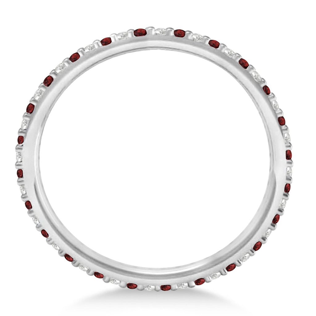 Garnet and diamond 1.5 mm eternity band in 14k white gold, true edge-on profile