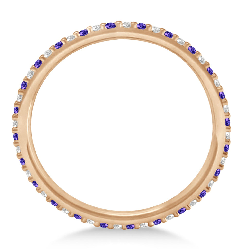 Tanzanite and diamond 1.5 mm eternity band in 14k rose gold, true edge-on profile