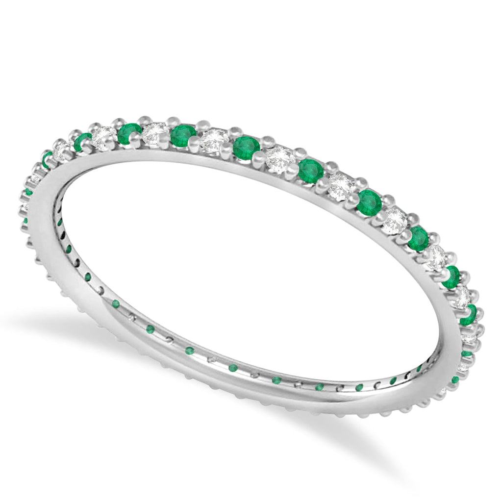 Petite 1.5mm emerald and diamond eternity wedding band, 14k white gold, main view