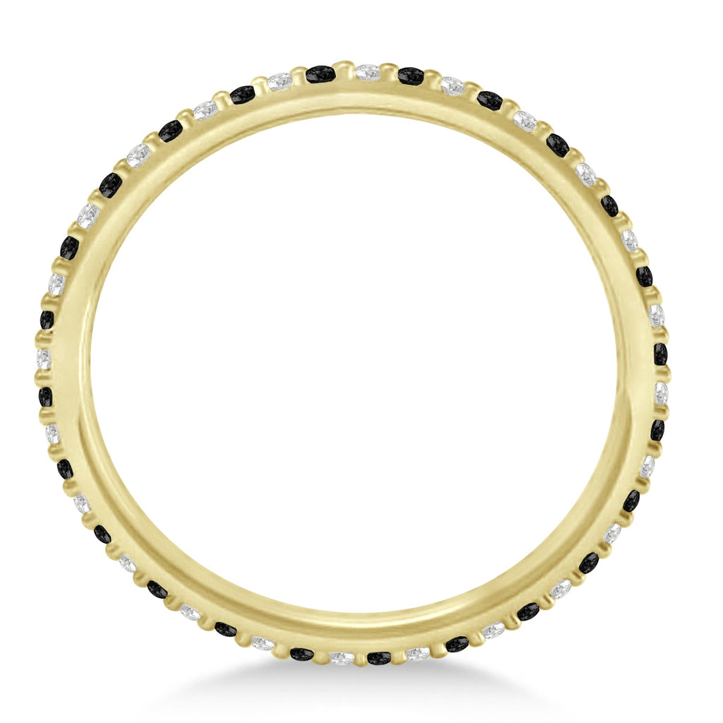 Petite black and white diamond eternity band in 14k yellow gold, original true edge-on side profile