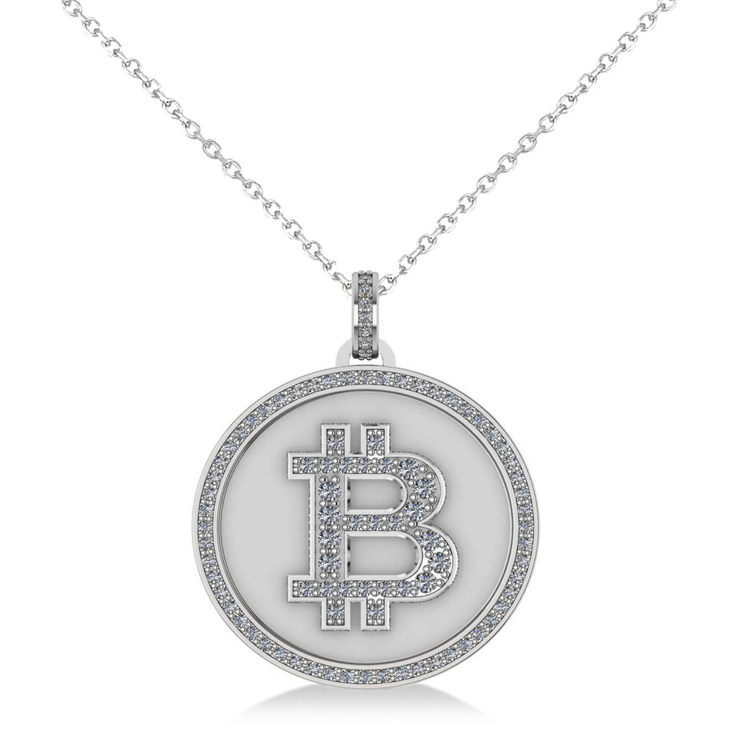 Small Diamond Bitcoin Pendant Necklace 14k White Gold (0.70ct)