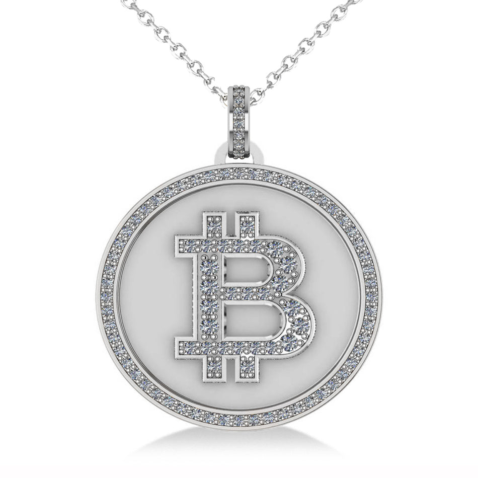 Small Diamond Bitcoin Pendant Necklace 18k White Gold (0.70ct)