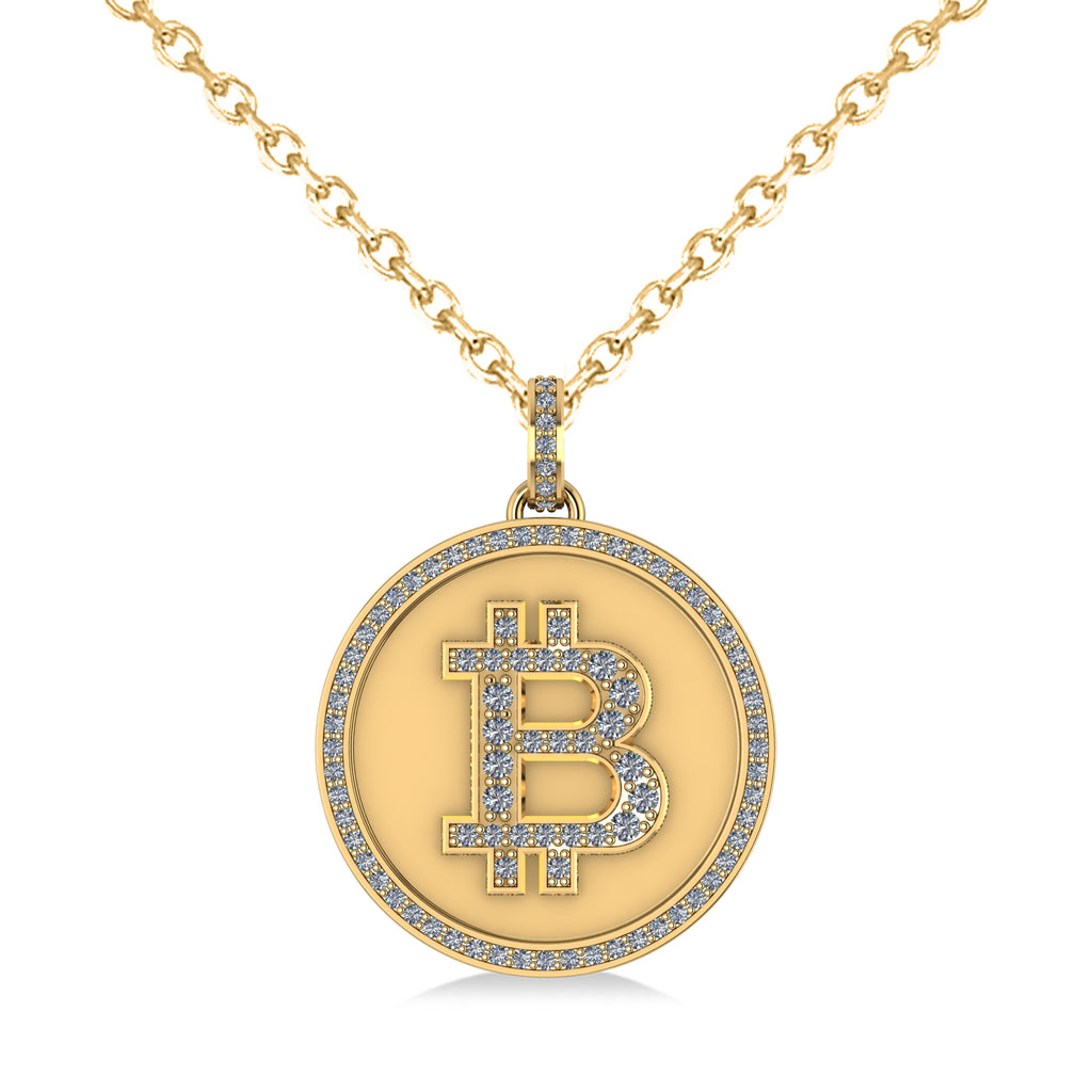Large Diamond Bitcoin Pendant Necklace 14k Yellow Gold (1.21ct)