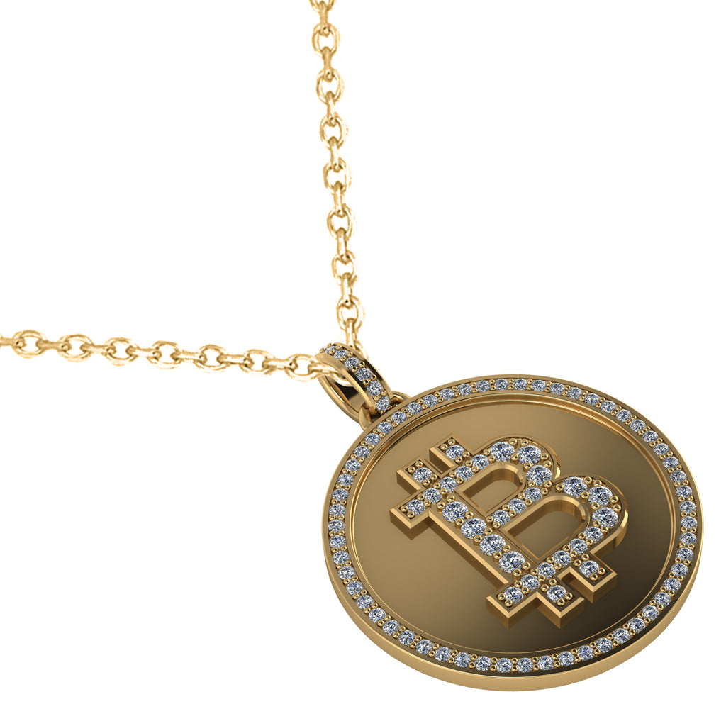 Large Diamond Bitcoin Pendant Necklace 14k Yellow Gold (1.21ct)