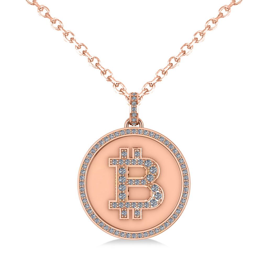 Large Diamond Bitcoin Pendant Necklace 18k Rose Gold (1.21ct)