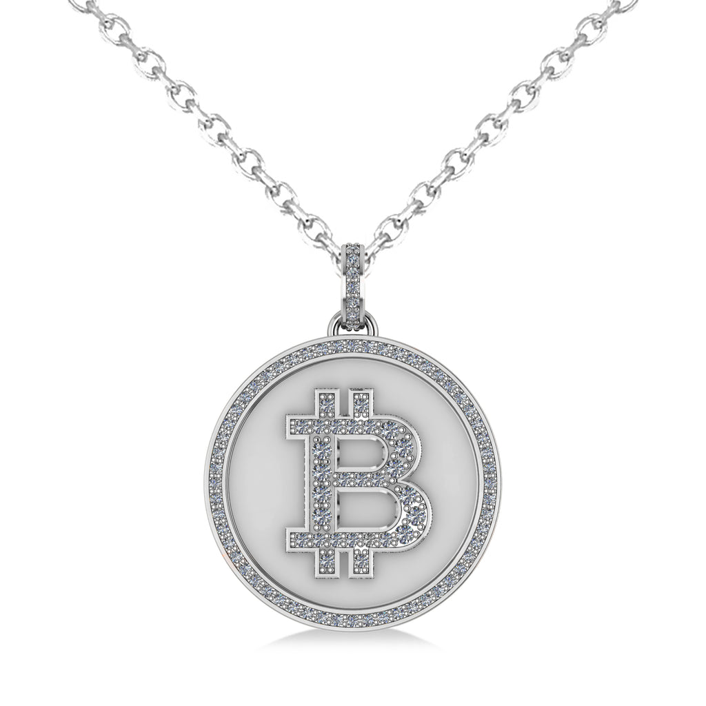 Large Diamond Bitcoin Pendant Necklace 18k White Gold (1.21ct)
