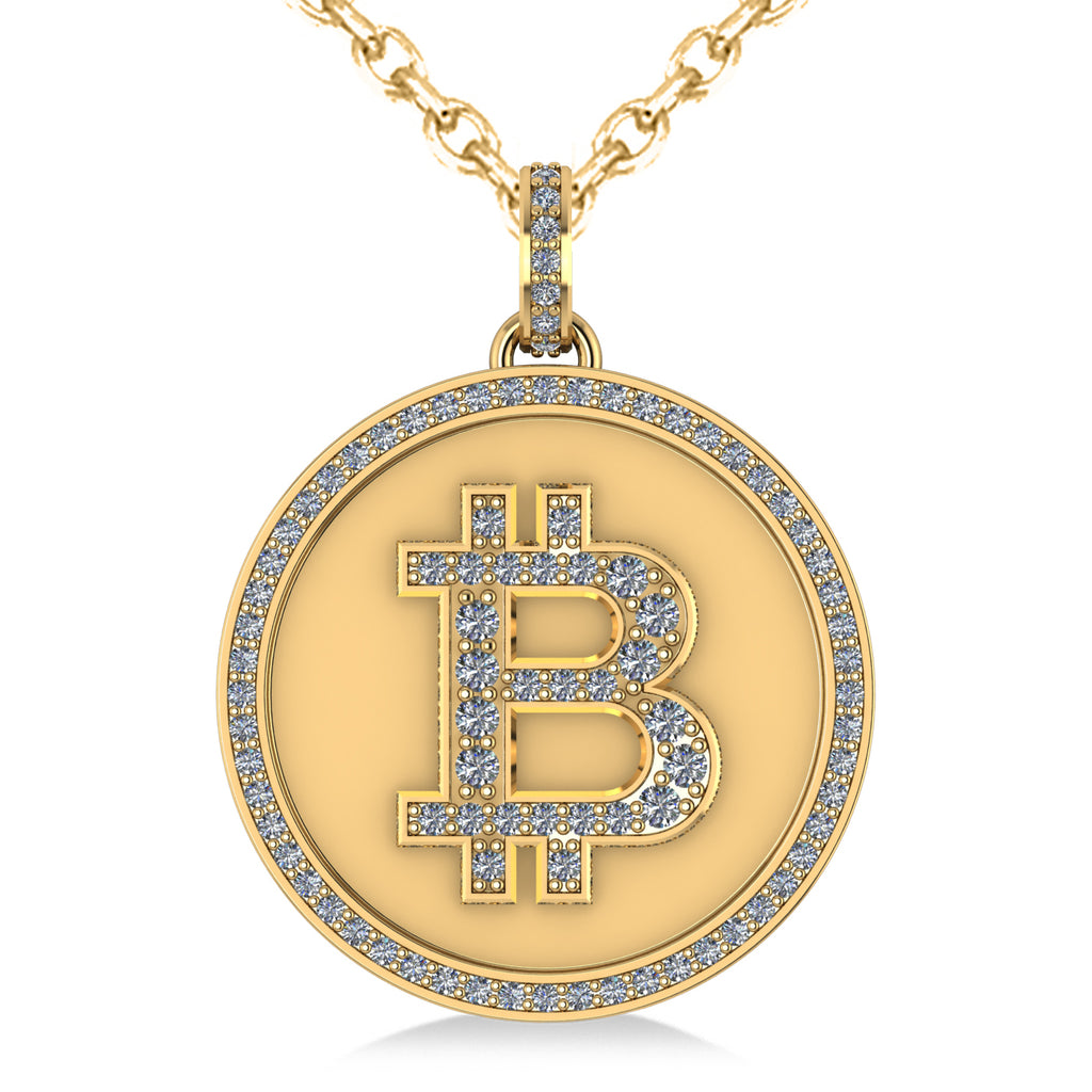 Large Diamond Bitcoin Pendant Necklace 18k Yellow Gold (1.21ct)