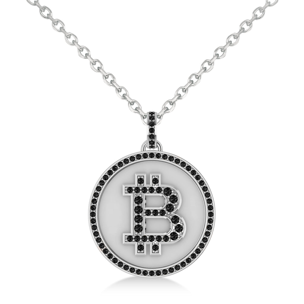 Large Black Diamond Bitcoin Pendant Necklace 14k White Gold (1.21ct)