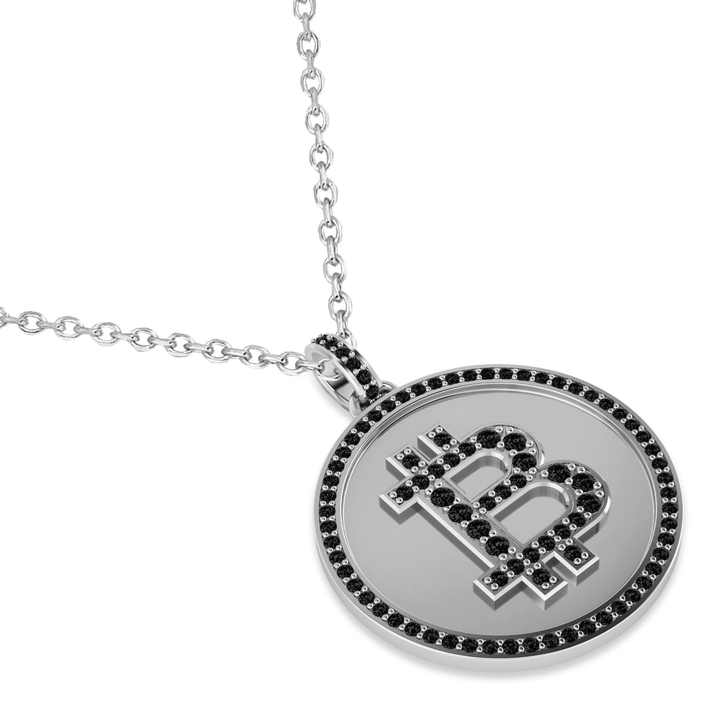 Large Black Diamond Bitcoin Pendant Necklace 18k White Gold (1.21ct)