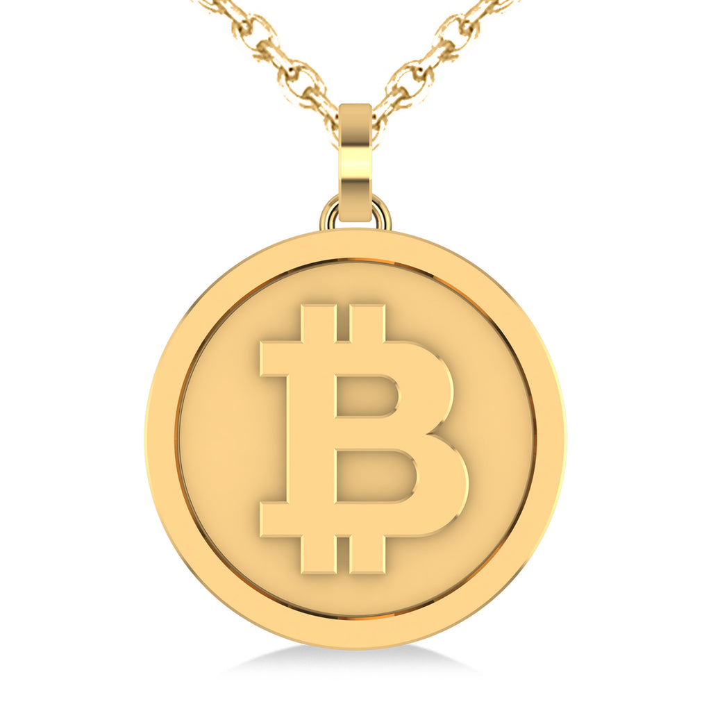Large Cryptocurrency Bitcoin Pendant Necklace 14k Yellow Gold