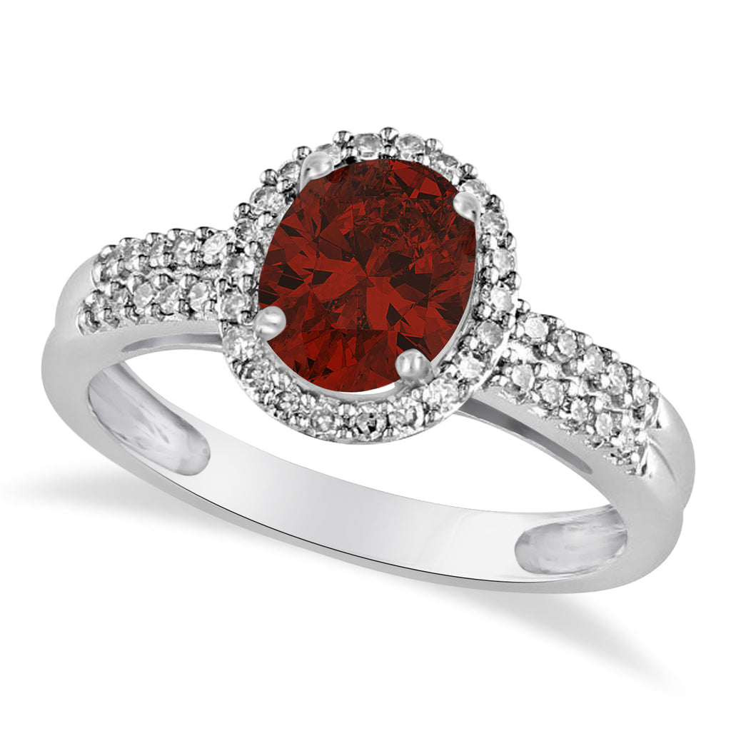 Garnet & Diamond Oval Engagement Ring 14k White Gold (1.01ct)