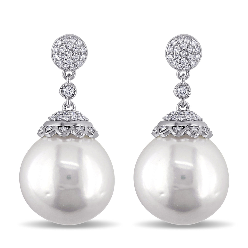 Round Pearl & Diamond Dangling Earrings 14k White Gold (0.50ct)