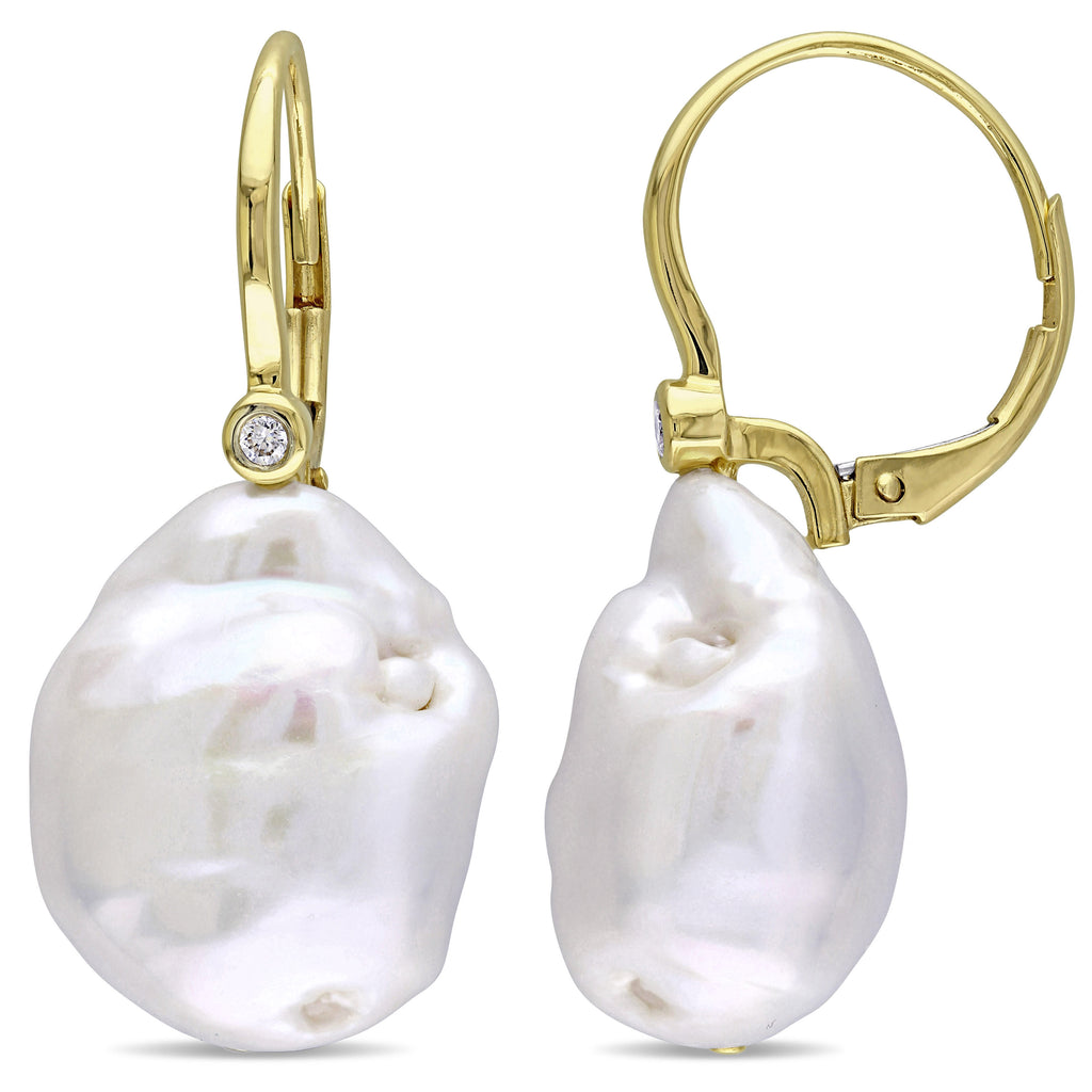 Baroque Pearl & Diamond Accent Earrings 14k Yellow Gold (0.06ct)