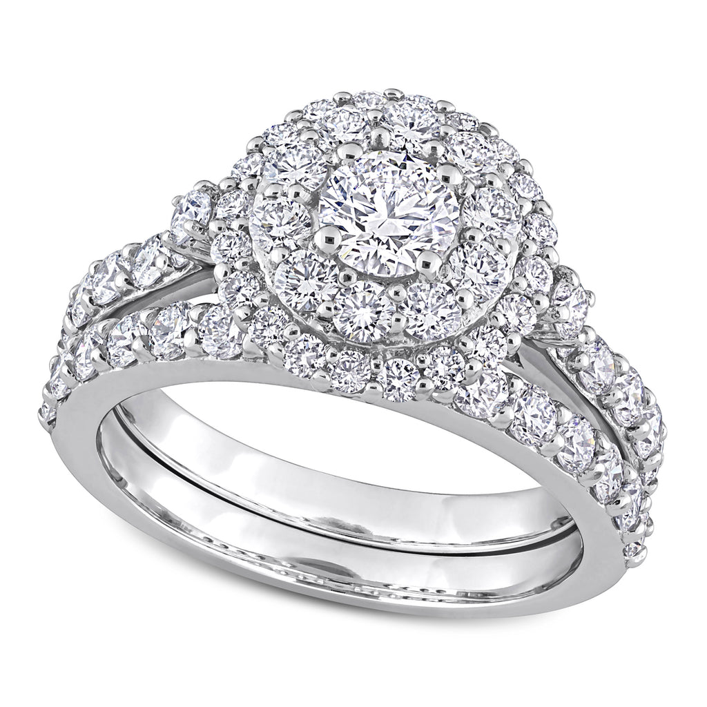 Round Cut Lab Grown Diamond Halo Bridal Set Ring 14K White Gold (1.74ct)